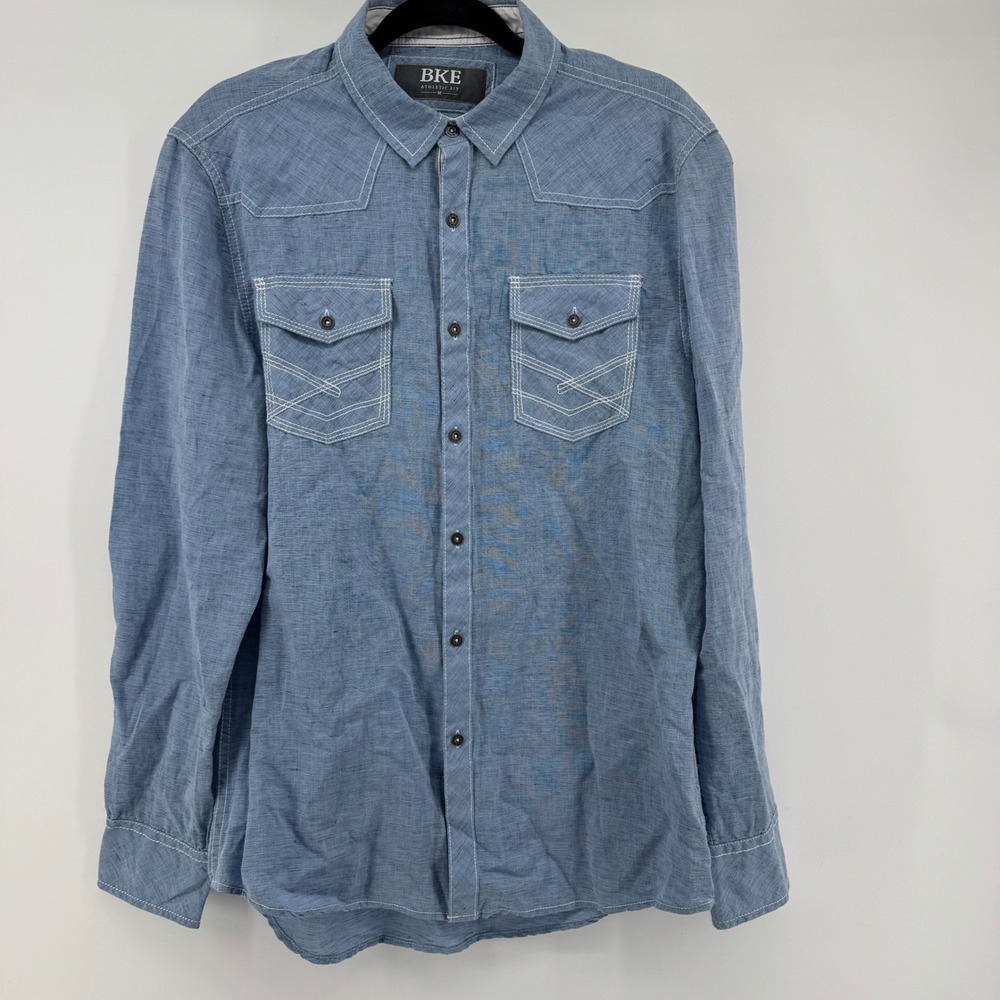 BKE Men's Medium Linen Cotton Western Shirt Blue Snap Button Cowboy Ranchwear